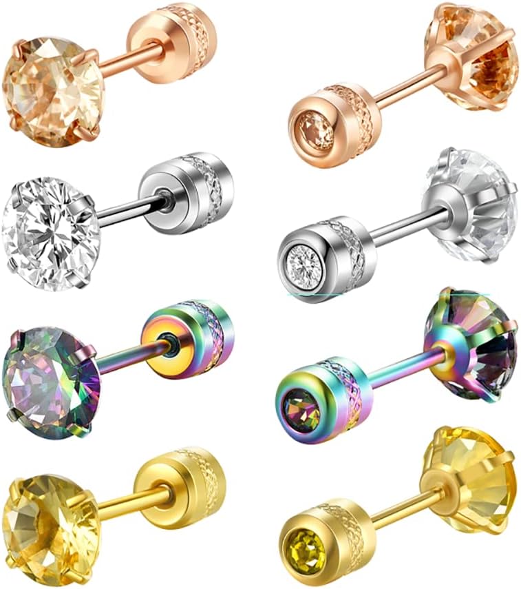 SIISPRI 4 Pairs Titanium Screw Back Surgical Stainless Steel Stud Earrings for Women Men 20G. Rainbow 5A Cubic Zirconia Studs Double Side Earrings Piercing Sleeper Studs Jewelry 6mm - Image 1